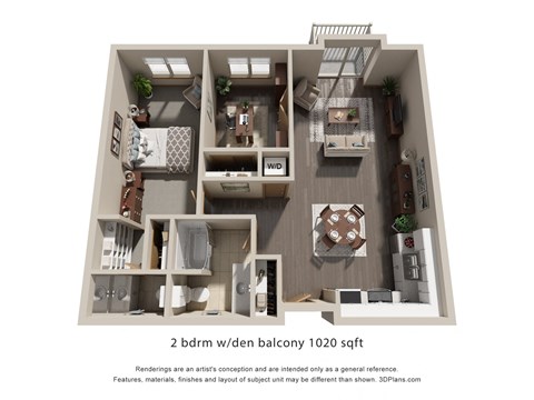 Floor plan for 2 beds, 1.5 baths, 1020 sqft
